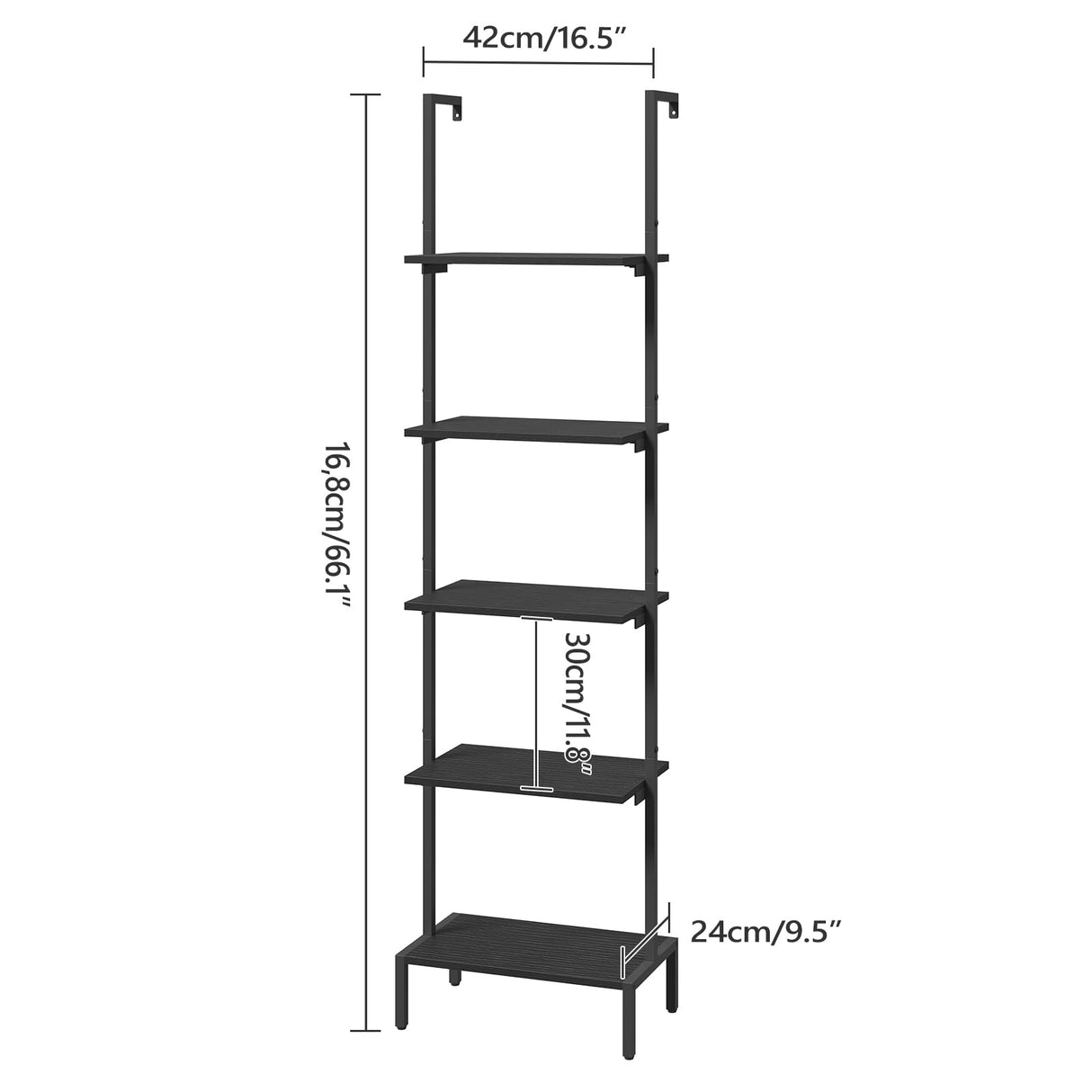 MAHANCRIS 5-Tier Ladder Shelf, Storage Bookshelf with Wall Mount, Heavy Duty Industrial Style Ladder Shelves for Living Room, Office, Kitchen, Bedroom, Black LSBK5501 MAHANCRIS