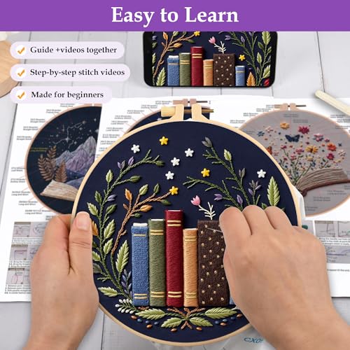Uniartfy 3 Pack Embroidery Starter Kit, Stamped Book Flower Mountain Butterfly Cross Stitch Kits for Beginners, Needlepoint Kits Adults with Embroidery Hoop and Instructions, Hand Embroidery Kit