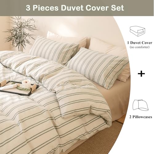 VM VOUGEMARKET Full Duvet Cover Set Beige Gray Striped Bedding Set Soft Washed Cotton 3 Pieces Dark Green Vertical Ticking Stripes Comforter Cover with Zipper Closure-80x90 Inch VM VOUGEMARKET
