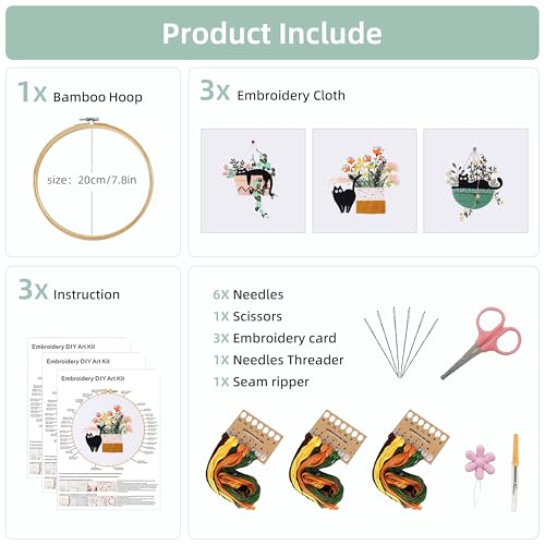 KEKEMEOW 3 Sets Embroidery Kit for Beginners, Stitches with Black Cat and Flowers, Embroidery Stitch Practice kit for Adults Craft Lover, Needlepoint Hand Embroidery Kit with Pattern、Instruction、Hoop