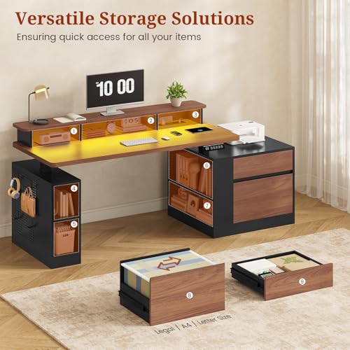 Standing Desk Adjustable Height, 70" Executive Electric Office Desk, Sit Stand Computer Desk with Storage Drawer, Power Outlets, Led Lights, Monitor Stand, Printer Space, Pegboard Black&Walnut UPOSOJA