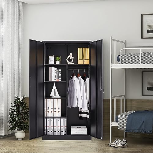 Yizosh Metal Armoire Wardrobe Closet Cabinet for Hanging Clothes with Lock Doors, -72" Steel Lockable Wardrobe Storage Locker Clothes Organizer for Yizosh