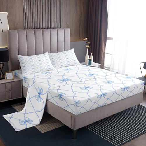 Erosebridal Bowknot Bed Sheets Set King Bow Knot Sheet Set for Kids Butterfly Knot Bow Tie Sheets Aesthetic Coquette Bedroom Decor Geometric Cartoon Blue Flat Fitted Sheet Erosebridal