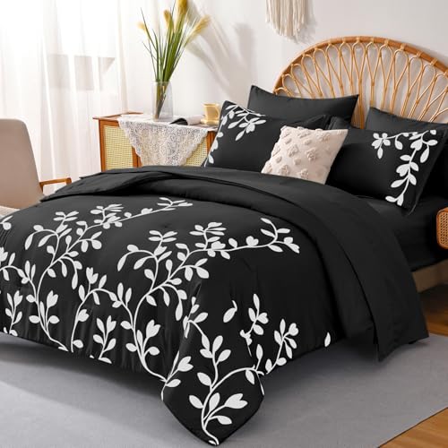 METAHOTS King Size Comforter Set - 7 Pieces White Floral Botanical Printed on Black King Comforter Set with Sheets, Soft Lightweight Microfiber Bedding Set for All Season(104"X90") METAHOTS