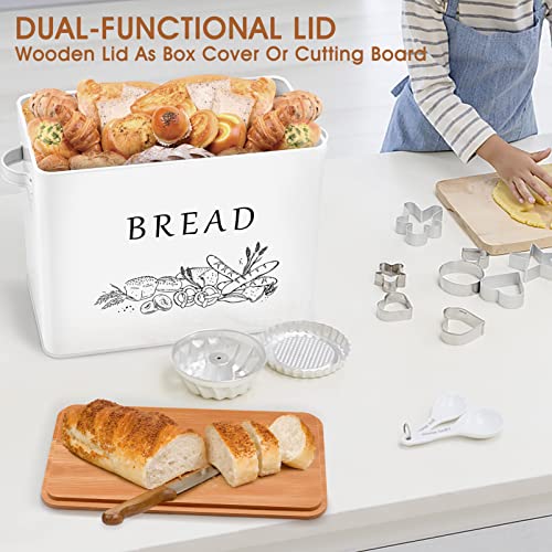 TeamFar Bread Box with Wooden Lid, 13.1” x 7.2” x 9.7” Metal Bread Container Storage Holder for Family Farmhouse Kitchen Countertop, Powder-Coated & Healthy, Large Capacity & Classic Pattern (White) TeamFar