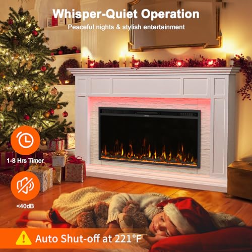 Weyderk 69" Electric Fireplace with Mantel, Fireplace TV Stand with 42" Fireplace Insert for Livingroom/Bedroom, Realistic 3D Flame & 15 LED Colors, Remote Control, 750/1500W Heats, Faux Stone Finish Weyderk