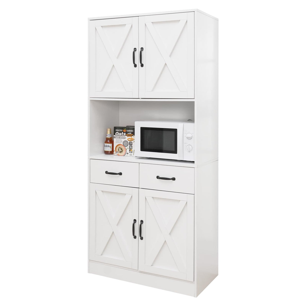Walmokid 71" Tall Kitchen Pantry Cabinet,Farmhouse Storage Cabinet with Barn Doors and Adjustable Shelves, Heavy Duty White Microwave Cabinet with Drawers for Dining Room, Living Room Walmokid