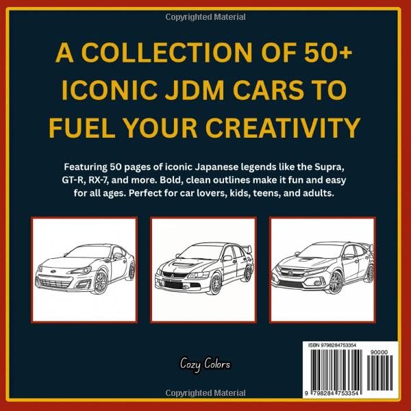 JDM Cars Coloring Book: for kids and teens Iconic Japanese Cars to Color WoodArtSupply