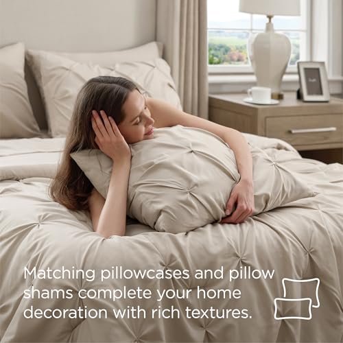 Bedsure Queen Comforter Set Beige - Bed in a Bag Queen Size Bedding 7 Pieces, GentleSoft™ Pintuck Bed Set Gift for Family, Pinch Pleat All Season Comforter with Sheets, Pillowcases & Shams Bedsure