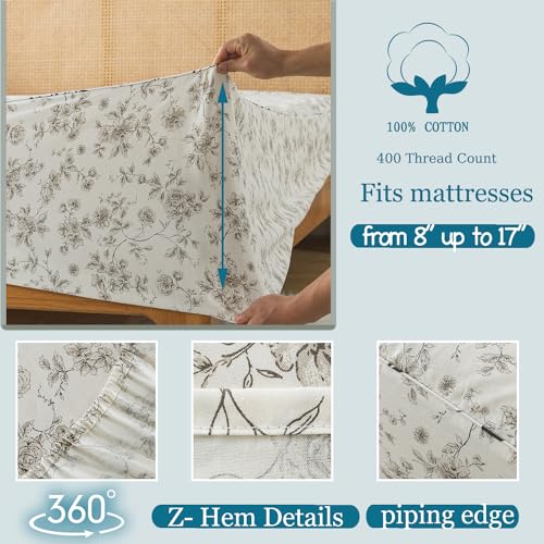Zusbest Cotton Sheets Full Tan Floral Beige Patterned Bed Sheet Sets Vintage Peony Flower Toile Printed Bedding Luxury Soft Breathable Crisp Cooling Percale Sheets Deep Pocket 17.5'', 4 Pcs Zusbest