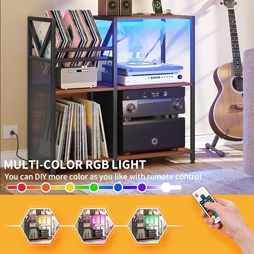 DWVO 3-Tier Vinyl Record Stand with Power Outlets & RGB LED Lights – Holds 300+ Albums, Sturdy Metal Frame Turntable Table for Living Room, Walnut Finish Media Storage Cabinet DWVO