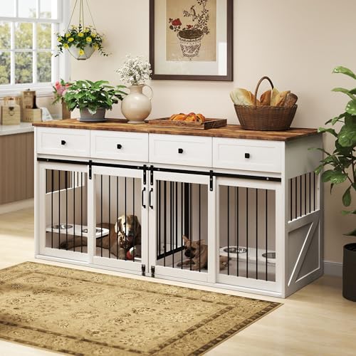 Real Relax Large Dog Crate Furniture, 71” Multi-Purpose Dog House w/Double Rooms, Divider and Sliding Barn Door, Steel Frame Indoor Double Dog Crate for Medium Small Dogs, White Real Relax
