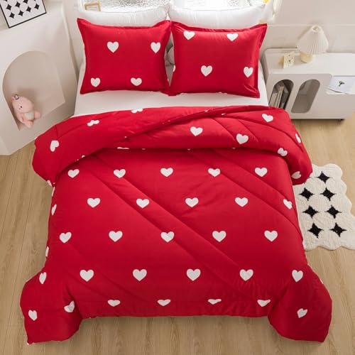 Caressma Love Comforter Set Twin Size - Cute White Heart Print Red Bedding Comforter with Matching Pillowshams Caressma