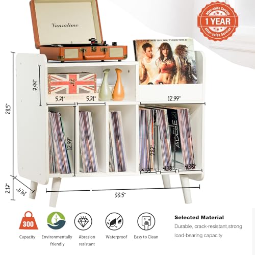UODERS Record Player Stand, Large Record Player Table Cabinet with Open Vinyl Storage and Display Shelf Holds up to 350 Albums, Mid Century Wood Turntable for Living Room, Bedroom (White) UODERS