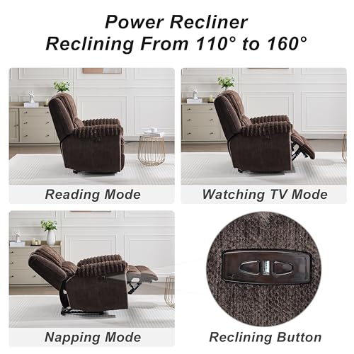 Oversized Power Recliner Chairs Zero Gravity for Big Man Faux Fur Electric Extra Large Recliners with USB Port for Living Room Soft Overstuffed Reclining Theater Seating 26" Seat Width Brown