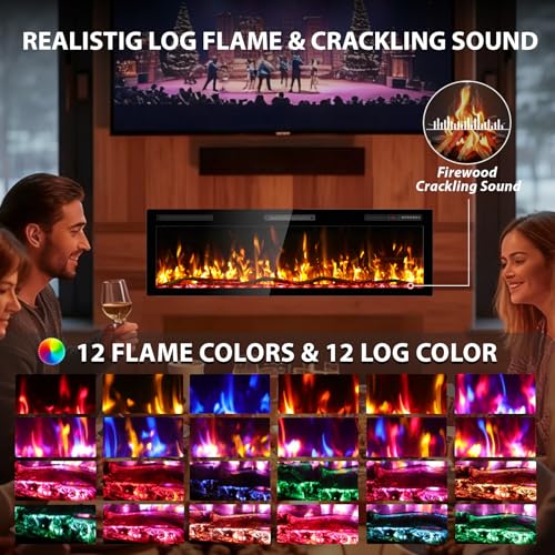 Kucreiheat 60" WiFi Electric Fireplace with Crackling Sound, Smart Linear Fire Place for Living Room, Recessed & Wall Mount Heater, 750/1500W, App & Remote Control, Timer, Log Flame Kucreiheat
