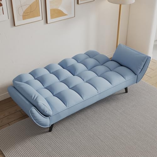 Majnesvon Velvet Futon Sofa Couch Bed with 2 Pillows, Convertible Folding Futon Couch with Adjustable Backrest, Love Seat Sleeper Sofa Bed for Small Spaces, Living Room, Office, Apartment (Blue) Majnesvon