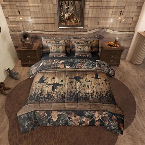Erosebridal 7 Piece Camo Mallard Duck Comforter Set with Sheets for Kids Boys Men Rustic Farmhouse Cabin Bed in A Bag Queen,Hunting Woodland Duck Bedding Set Country Wood Board Animal Bed Set Erosebridal