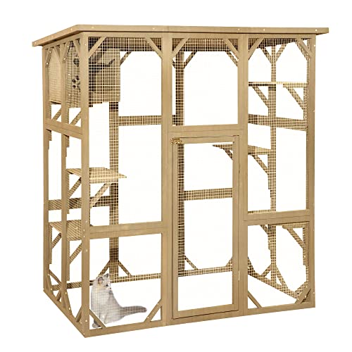 TITIMO Catio Outdoor Cat Enclosure, Large Wooden Outdoor Cat House with Small House, Cat Cage with 6 Platforms and Weather Protection (Nature Wood,63" x 31.1" x 59.33") TITIMO