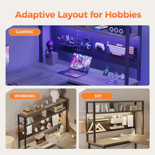 Mericonia 50 inch Large L Shaped Desk with Pegboard Hutch & Shelves, Corner Gaming Desk with Power Outlet, LED Light & Storage Bag, Reversible Computer Desk for Home, Bedroom, Office Workspace, Grey Mericonia
