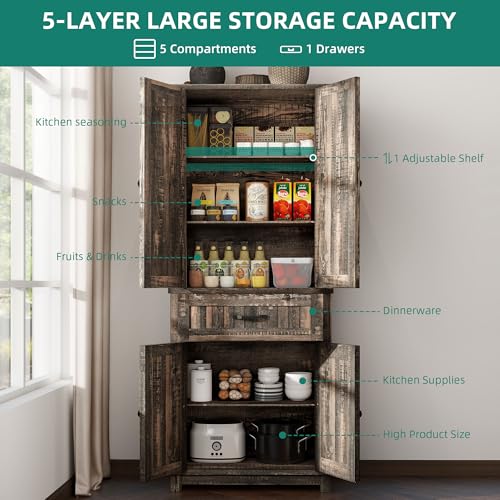 YITAHOME 72.6" H Farmhouse Kitchen Pantry Cabinet, Freestanding Tall Storage Cabinet with 4 Doors, Drawer and Adjustable Shelves, Tall Cupboard for Dining Room, Living Room, Dark Rustic Oak YITAHOME