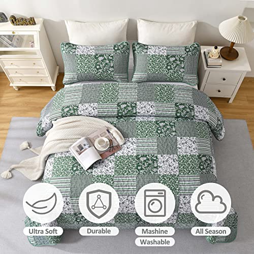 Mybedsoul Sage Green Boho King Quilt Set, 3-Piece Reversible Soft Plaid Floral Bedding Set with 2 Pillow Shams - Sage Green King Size Quilt Bedspread Coverlet Set 90"x104" Mybedsoul