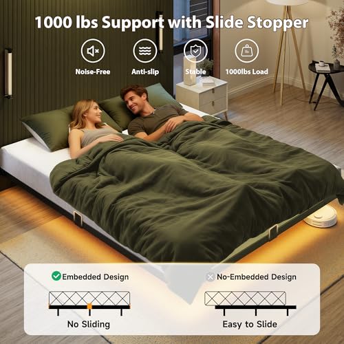 Bed Frame Queen Size, Floating Bed Frame with Smart LED Lights & Charging Station, Modern Metal Platform Queen Bed Frame with Mattress Slide Stopper, Noise-Free, No Box Spring Needed, Easy Assembly MORICAD