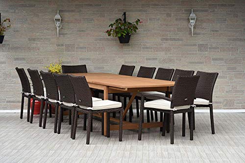 Amazonia Jefferson 13-Piece Patio Extendable Dining Table Set | Light Wicker Chairs | Ideal for Outdoors and Indoors, Brown-Teak Finish Amazonia