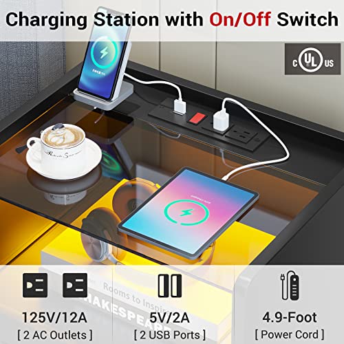 AOGLLATI LED Nightstand Set of 2 with Charging Station, Night Stand with Pull-Out Shelf, 2 Drawers, Bedside Table with LED Lights, Modern End Table with USB Ports Outlets, 2 Pack, Black AOGLLATI