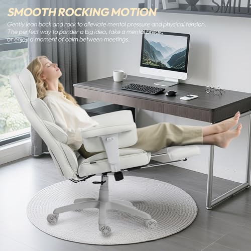 Dowinx Big and Tall Office Chair with Pocket Spring Cushion,High Back Computer Gaming Chairs with Adjustable Armrests and Lumbar Support,Executive Desk Chairs with Footrest(PU Leather,White) Dowinx