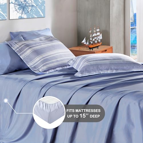 Codi Queen Size Comforter Sets with Sheets, Modern Blue and White Striped Bed in a Bag, 7-Piece Complete Bedding Set Including Reversible Comforter, 2 Sheets, Pillowcases & Shams Codi