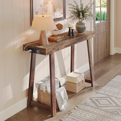 Huuger Entryway Console Table with Charging Station, USB-C Port, 39.4 Inch Sofa Table with Metal Legs, Entry Hallway Table with Thicker Desktop, Modern Behind Couch Table, Rustic Brown Huuger