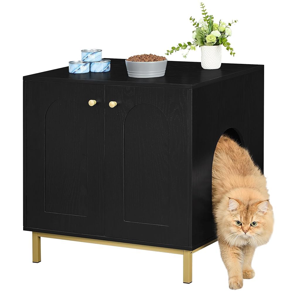 Hzuaneri Cat Litter Box Enclosure, Hidden Litter Box Furniture, Wooden Pet House Side End Table, Storage Cabinet Bench, Fit Most Cat and Litter Box, Living Room, Bedroom, Black and Gold CB81204G Hzuaneri