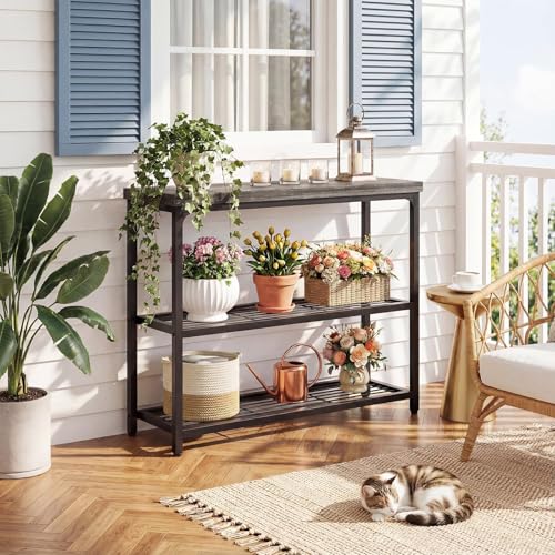 Besiost 32" Small Console Table with 3-Tier Storage, Industrial Narrow Entryway Table, Sofa Table Behind Couch for Hallway, Foyer & Living Room, Sturdy Metal Frame, Oak Grey Besiost