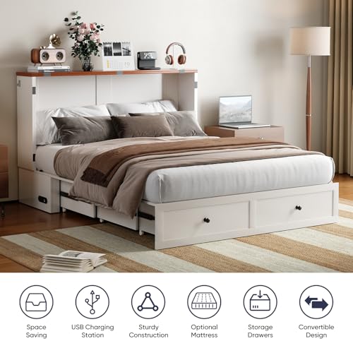 ijuicy Queen Murphy Bed with Storage & Multifunctional Charging Station, Farmhouse Murphy Cabinet Bed with Foldable Panel, Space-Saving Beds for Guest Bedroom, Living Room-White & Brown,with Mattress