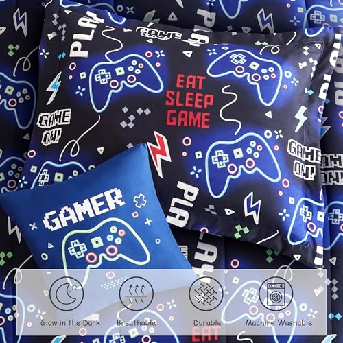 Wink Deer Twin Comforter Set for Boys-3 Pieces Gamer Glow in the Dark Twin Bedding Sets for Kids,1 Comforter,1 Sham and 1 Decor Pillow Wink Deer