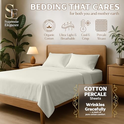 Light Ivory Organic 100% Cotton Full Bed Sheets – Ultra Light, Breathable, Cool & Crisp – Wicks Away Moisture, Deep Pocket, Fully Elasticized – 4 Piece Sheet Set, Fits up to 18” Mattress SUPREME ELEGANCE