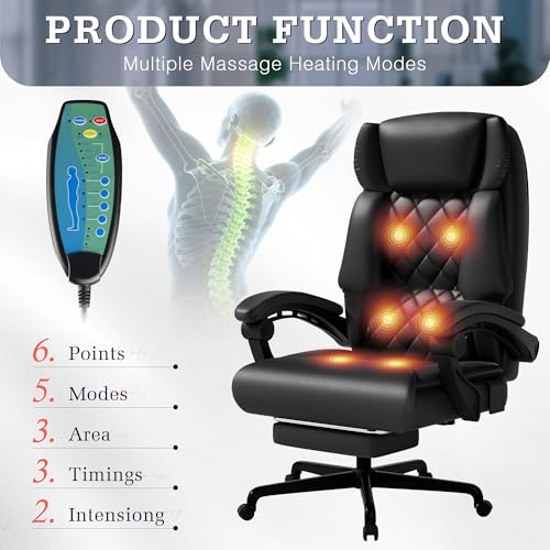 Furmax Massage Office Chair with Foot Rest 6 Points Vibration 400LBS Big and Tall Office Chair for Heavy People High Back Reclining Executive Computer Chair for Home Office Desk (Black) Furmax