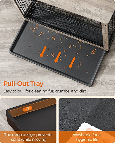 Feandrea 44.1" Dog Crate Furniture, Indoor Dog Cage Side End Table, XL Pet Wood Kennel for Large and Medium Dogs up to 80 lb with Multi-Purpose Removable Tray, Double-Door Pet House, Greige Feandrea