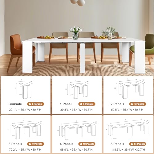 Extendable Console Table, Mid Century Modern Expandable Dining Table with Extension Leaves Holder, 20" to 118" Rectangular Dinner Table for Kitchen, Living Room (White) CWKISS