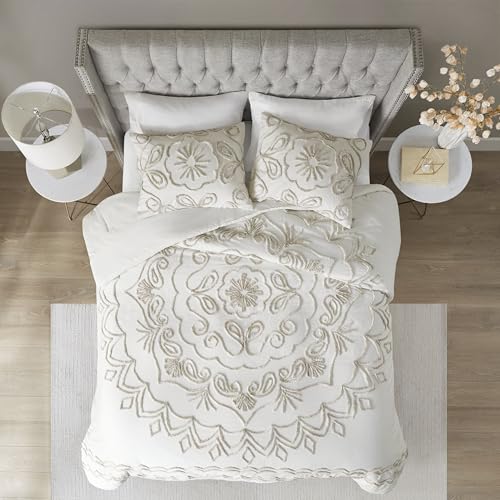 Madison Park Violette Chenille Cotton Tufted Comforter Large Medallion Design, All Season, Hypoallergenic, Soft Bedding Set, Matching Sham, Full/Queen, Ivory/Taupe 3 Piece Madison Park