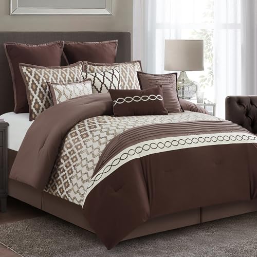 LANCO MODERN LIFESTYLE King Size Comforter Set, Brown, 10 Piece Bed in a Bag for All Seasons, Luxury Extreme Comfort Bedding Sets with Bedskirt, Pillow Shams, Euro Shams and Decor Pillows LANCO MODERN LIFESTYLE