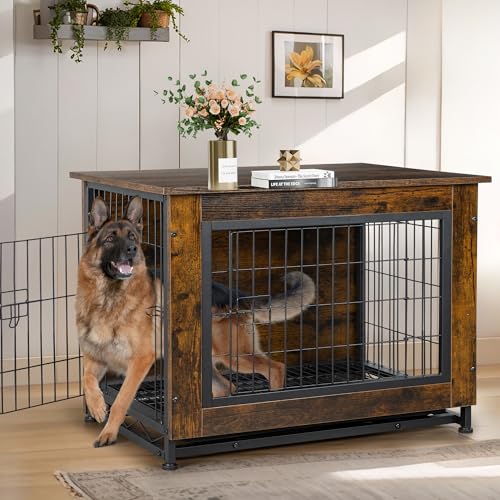 JY QAQA Dog Crate Furniture, Wooden Dog Crate Table, Dog's Furniture with Double-Doors, Indoor Dog Kennel, Dog Cage/Brown/XL JY QAQA PET