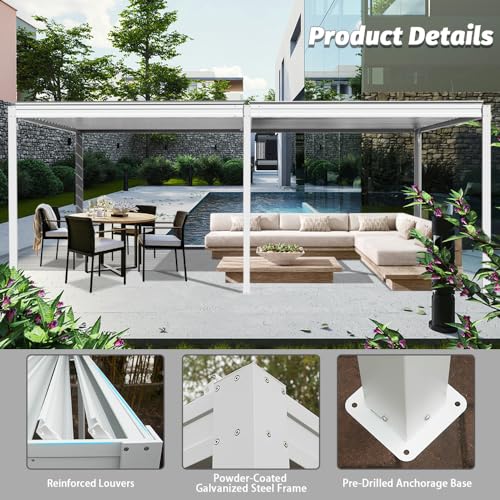 Domi Louvered Pergola 10X20FT, Aluminum Pergola with Adjustable Roof, Aluminum Frame, Efficient Drainage System, Outdoor Pergola for Patio, Deck, Garden, White domi outdoor living