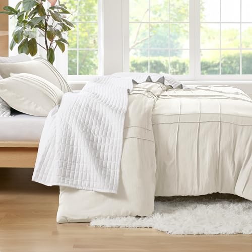Comfort Spaces Cream King Size Duvet Cover Set - 3 Pieces Pintuck Pleated Duvet Cover, All Season Lightweight, Extra Softness Pre-Washed Microfiber King Bedding Cover Shams Comfort Spaces