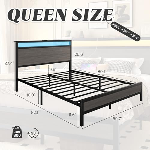 Fluest Queen Bed Frame with Headboard & Footboard, Bed Frame with Built-in Charging Station & LED Light, Storage Shelf, Noise-Free, No Box Spring Needed, Easy Assembly, Rustic Grey Fluest