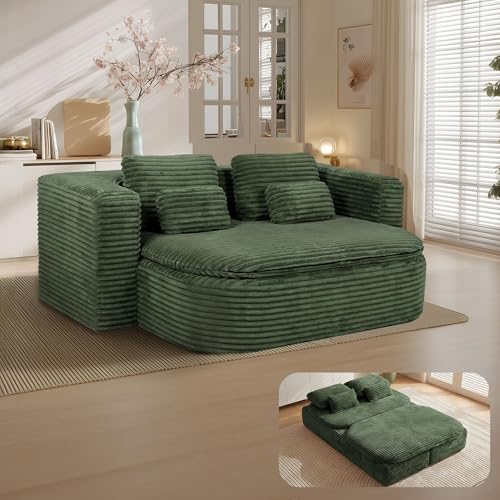 IZLKQC 75'' Folding Sleeper Sofa Bed, Convertible Memory Foam Boneless Couch, Foldable Full Size Guest Bed, Modern 2-in-1 Futon Floor Sleeper Sofa with 4 Pillows and Blanket (Corduroy, Green) IZLKQC