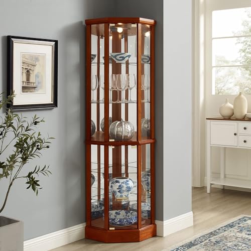 6 Shelf Lighted Corner Curio Cabinet with Adjustable Tempered Glass Shelves and Mirror Back, Oak(E26 Light Bulb not Included) WoodArtSupply