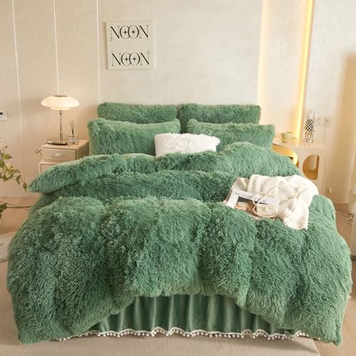 HAIHUA Faux Fur Sage Green Comforter Cover Queen Set, Soft Fluffy Shaggy Sage Green Bedding Queen Set 3 Pieces (1 Fuzzy Duvet Cover + 2 Plush Pillow Cases) Furry Bed Set, Zipper Closure HAIHUA