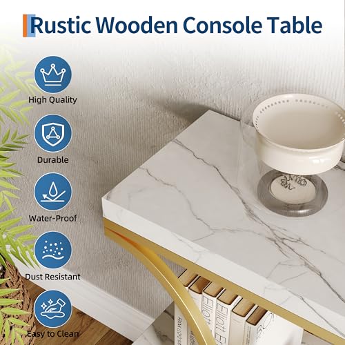 Garvee 39" Narrow Console Tables for Entryway, Industrial 3-Tier Sofa Table with Round Metal Base and Storage Shelves for Living Room, Hallway, Foyer, Gold and White Marble Garvee